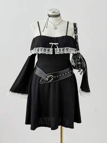 Sunspun Plus Size Elegant Lace Trim Off-Shoulder Camisole Dress - Black - View 7