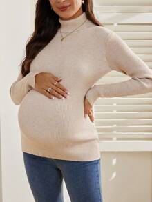 SHEIN Suéter de cuello alto acanalado de maternidad, capa base elástica y ajustada - Albaricoque - Ver 5