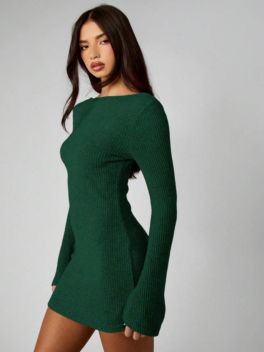 MISSGUIDED Ribbed Knit Long Sleeve Mini Dress Off Shoulder Bodycon Fitted Winter Fall Sweater Dress - Dark Green - View 1