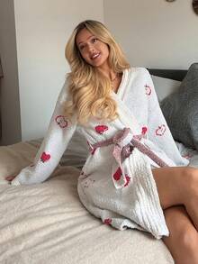 DAZY Apple Pattern Loose Long Sleeve Knitted Robe Loungewear Jacket, Autumn/Winter - White - View 8