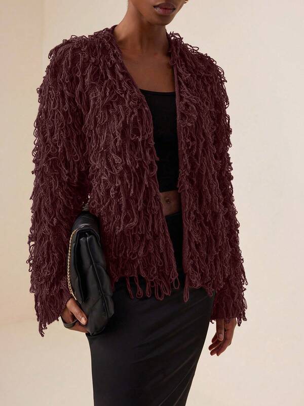 Vesra Cardigan feminino casual de cor sólida com franjas