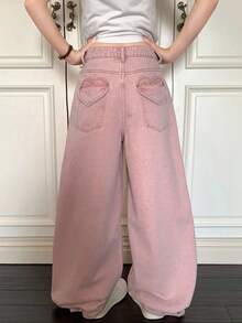 DAZY Women's Summer Washed Casual Loose Wide Leg Jeans - Baby Pink - View 2