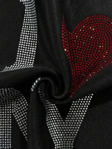ROMWE Grunge Punk Cute Heart Slogan Rhinestone Embellished Loose Fit Black Printed Sweatshirt For Women, Autumn/Winter - Black - View 5