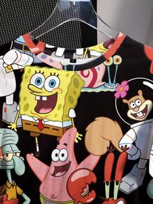 SpongeBob SquarePants | SHEIN Women's Casual Cute Cartoon Pattern Round Neck Short Sleeve T-Shirt, Summer - White - View 5