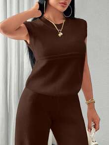 EURMUSE Two Pieces Sleeveless Knit Set Featuring Minimalist Crew Neck Top And High-Waisted Ribbed Pants In Soft Ivory - Brown - View 4