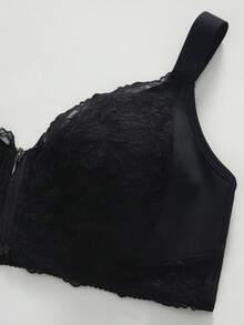 SHEIN 1pc Plus Size Black Wireless Lace Front Zip Closure Comfortable Wide Strap Bra - Black - View 8