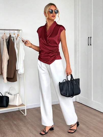 EMERY ROSE Women's Solid Color Shawl Collar Ruched Asymmetric Hem Fashion Blouse,Red Top,Christmas,Red Tops For Women