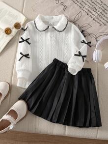 Genkimix Kids Young Girl Casual Daily Outfit With Bow Decor, Jacquard Fabric Peter Pan Collar Pullover And Pleated Skirt Set, Suitable For Spring And Autumn - Multicolor - View 5