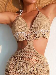 Swim Vcay Women's Solid Color Hollow Out Tassel Hem Waist Cutout Halter Neck Cover Up Dress, Vacation - Khaki - View 6