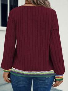 EMERY ROSE Women's V-Neck Patchwork Vintage Print Long Sleeve Plus Size Sweatshirt, Autumn/Winter - Burgundy - View 2