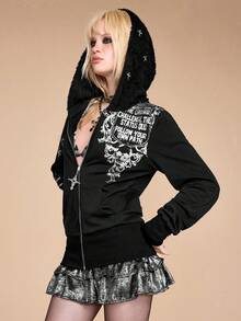 ROMWE Grunge Punk Y2K Kpop 原宿亚文化翅膀刺绣修身拉链卫衣（女款）