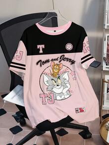 TOM & JERRY X SHEIN 大码女式夏季休闲运动时尚街头可爱卡通字母图案撞色宽松T恤 - 白色 - 查看 3