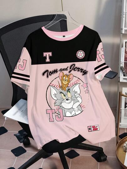 TOM & JERRY X SHEIN Plus Size Women Summer Casual Sports Fashionable Street Cute Cartoon & Letter Graphic Contrast Color Loose Fit T-Shirt Anime T Shirt Cartoon Shirts Cute Tops Kawaii Shirt