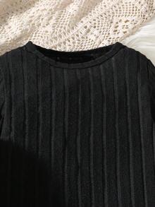 Elladie kids 3pcs/Set Toddler Girls Autumn/Winter New Ribbed Fleece Black Crew Neck Long Sleeve Pullover T-Shirt, Brown Fuzzy Collar Cardigan Vest, Casual Long Pants, Warm Outfit - Multicolor - View 4