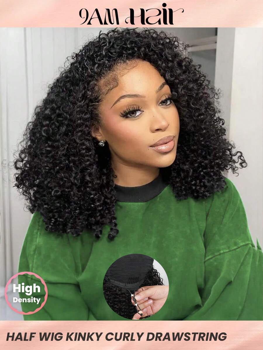 Density Pro Bob Kinky Lockig Halb Perücke 100% Echthaar Naturfarbe 200% Dichte Tragen&Gehen Glueless Perücken Echthaar 3 in 1 Kordelzug Nahtlos Umklapp Perücke für Frauen - 9AM Haar Sport Urlaub Reise Festival Prom Outdoor Cosplay Campus Schule Strand Hochzeit Camping Urlaub Outfits Sommer Outfits Urlaubs Vibes Charm Elegant Lässig Y2k Mode Stile Ss25 - SNatural - Übersicht 1