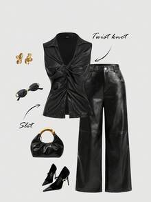 SHEIN MOD Canotta donna con nodo frontale, colore unito, adatta per pendolarismo, autunno/inverno, Natale, Capodanno, Ringraziamento, collezione di stile, top nero, top glitterato, donna per vacanze