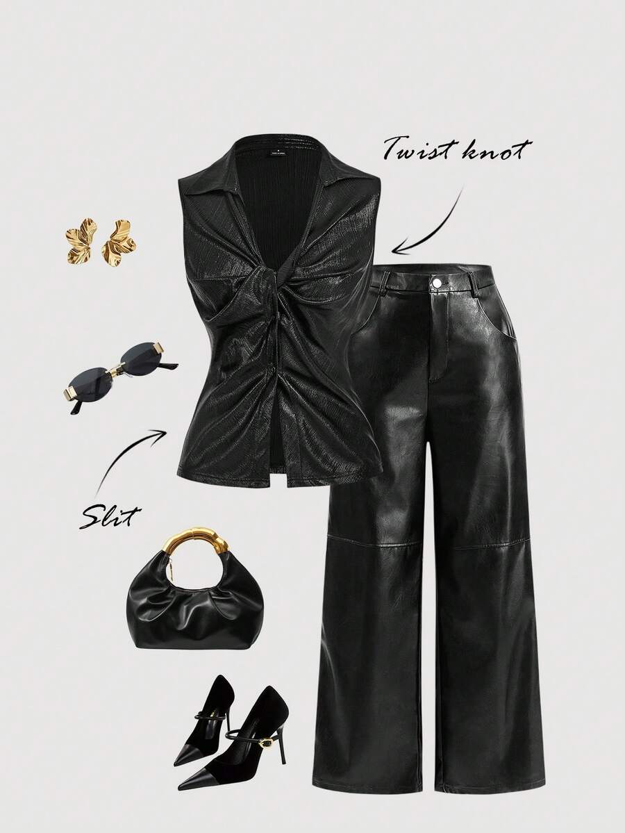 SHEIN MOD Canotta donna con nodo frontale, colore unito, adatta per pendolarismo, autunno/inverno, Natale, Capodanno, Ringraziamento, collezione di stile, top nero, top glitterato, donna per vacanze