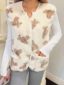 DAZY Women's Bear Pattern Fleece Sleeveless Fluffy Cozy Pajama Top, Winter - White - View 6