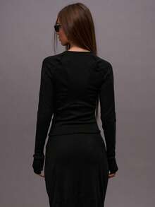 MUSERA Panelled Zip Through Raglan Long Sleeve Top Only Autumn Fall  Night Out Going Out Streetwear Cute Sexy Festive Holidays Party Spring Summer - Black - View 4