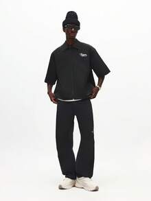 SUMWON Short Sleeve Button Up Work Shirt With Embroidered Logo Front Zip, Black Shirt With Short Sleeve Small Zipper In Front , Man, Oversized Shirt, Black - Black - View 4