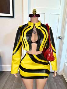 Slaydiva 2025 Höst Nytt Halloween Födelsedagsfest Bankett Collegestil Student Daglig Casual Kryssning Resor Viral Streetwear Sexig Klubb Y2K Punk Racing Motorcykelinspirerad Dam 2-delars Set: Långärmad Figurnära Jacka + Bodycon Minikjol, Svart Med Gult PU-Bläcktryck, Höst/Vinter - Multifärgad - Visa 9