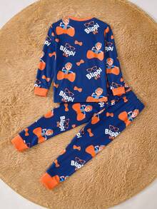 Blippi X SHEIN Young Boy Cartoon Figure Graphic Colorblock Splice Elastic Snug Fit Pajama Set For Autumn/Winter Boy Pjs Set