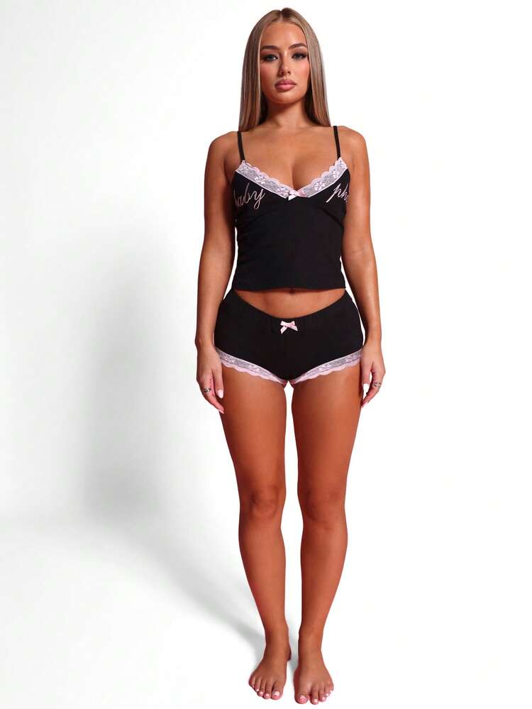 BABYPHAT Women's Contrast Lace Letter Print Bow Decor Camisole Sexy Sleep Set