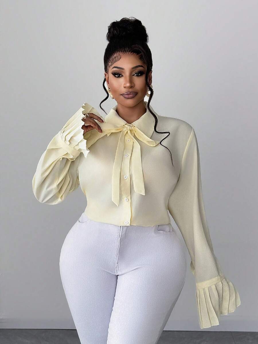 Maweii 大码女式纯色衬衫领蝴蝶结长袖荷叶边袖口设计休闲时尚衬衫，通勤装 - 杏色 - 查看 1