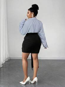 Maweii Plus Size Asymmetrical Ruffle Hem Striped Patchwork Bodycon Dress - Blue - View 5