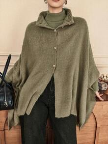 Dazy-Less Suéter de mujer de unicolor con cuello alto y mangas de murciélago, de moda para el uso diario, otoño/invierno - Caqui - Ver 1