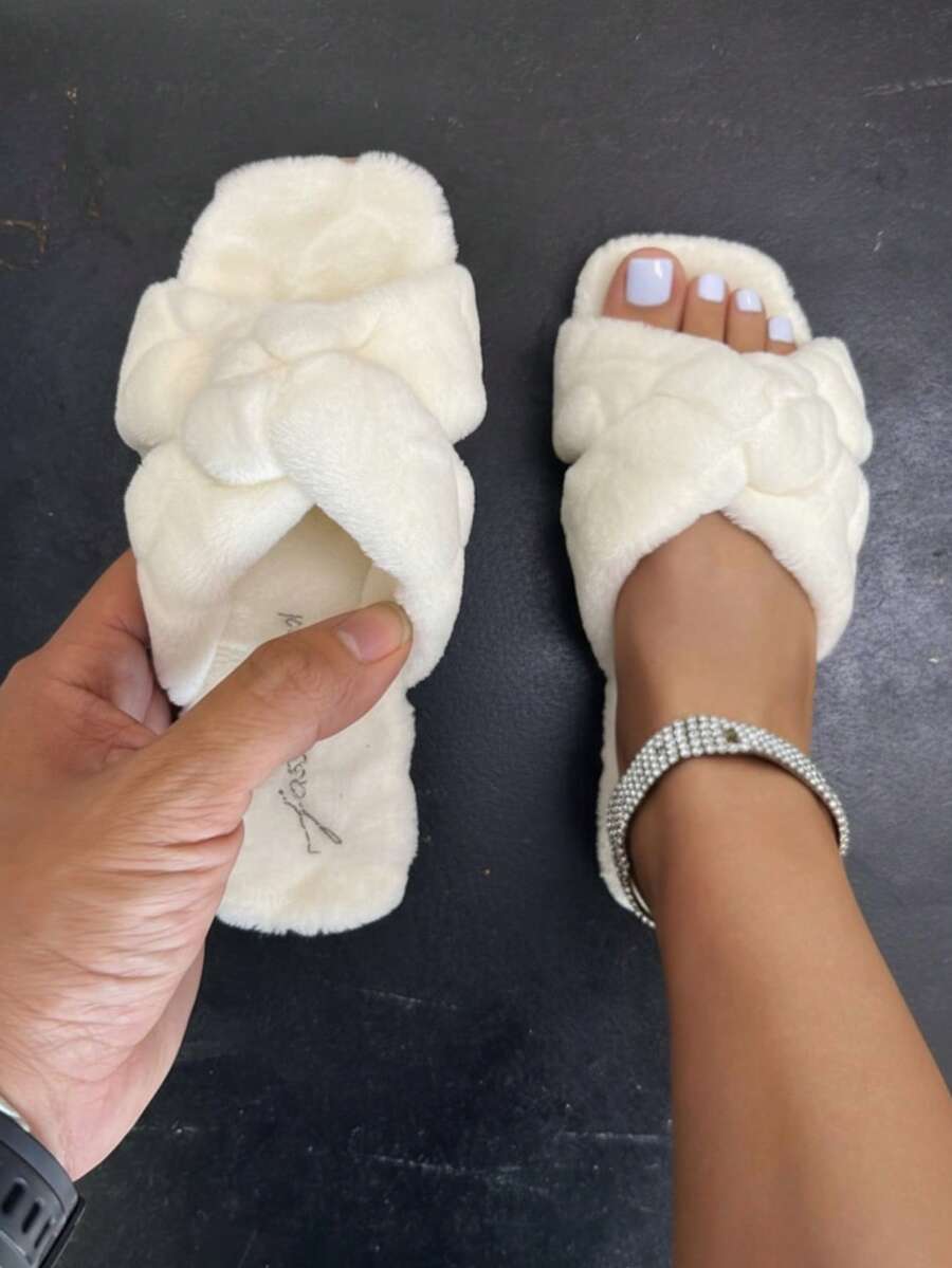 Pantufla mujer peluche suave cruzado punta redonda sin cordones estilo acogedor casual para casa pantufla cómoda - Rosa coral - Ver 1