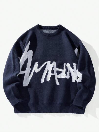 Manfinity EMRG Men's Casual Letter Pattern Crew Neck Loose Knit Sweater, Autumn/Winter, Long Sleeve Top