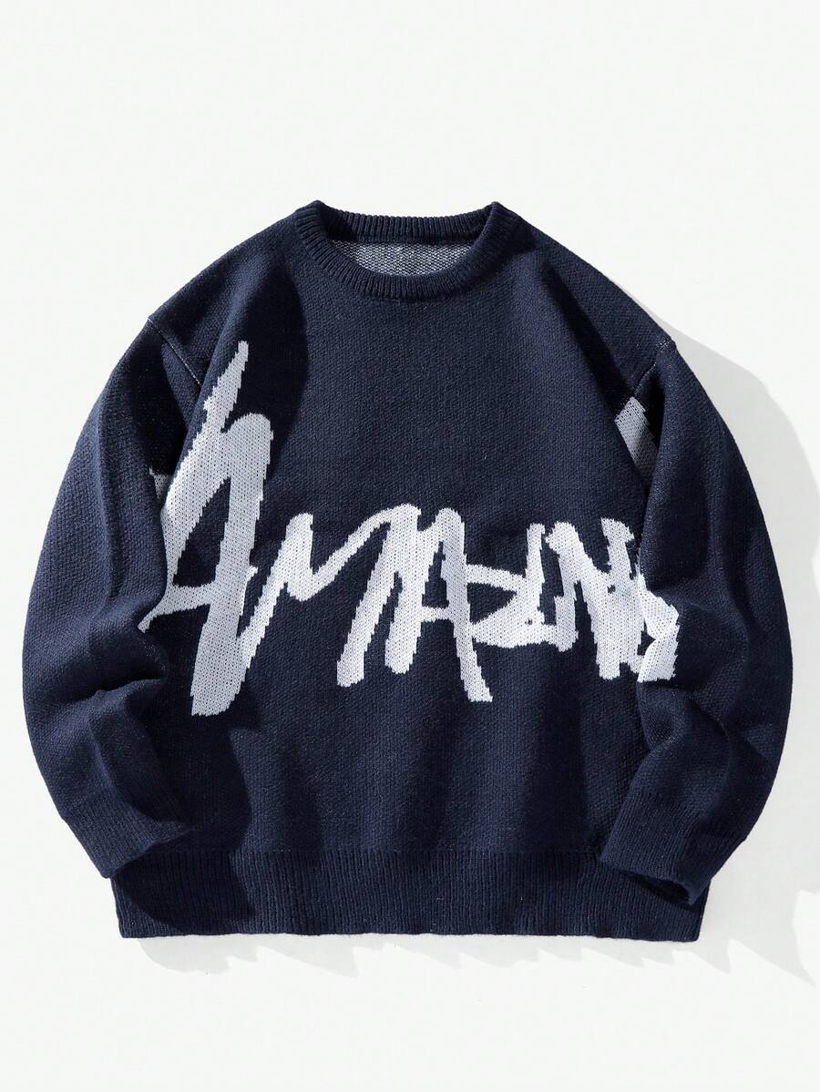 Manfinity EMRG Men's Casual Letter Pattern Crew Neck Loose Knit Sweater, Autumn/Winter, Long Sleeve Top - Royal Blue - View 1