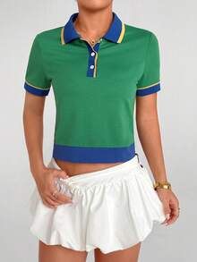 Dewbera Women's Contrast Color Short Sleeve Casual Fitness Sports Polo Shirt - Green - View 6