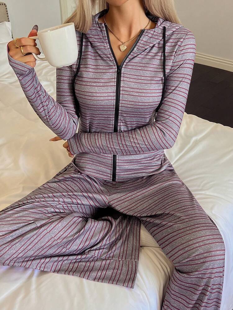 Women's Striped Casual Hooded Loungewear Set, Autumn/Winter