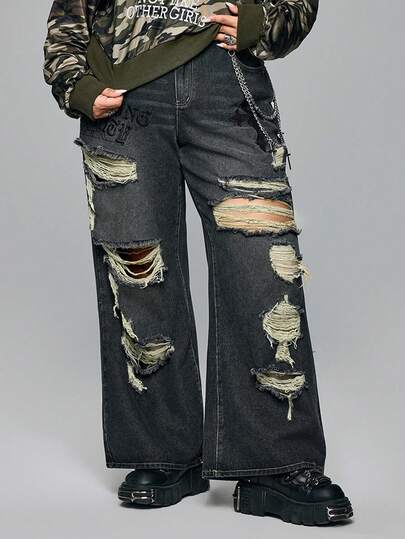 Grunge Punk Plus Size Punk Patchwork Distressed Vintage Washed Wide Leg Jeans