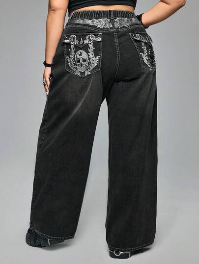 Grunge Punk Plus Size Retro Y2K Vintage Skeleton Wing Embroidery Rhinestone Flare Jeans