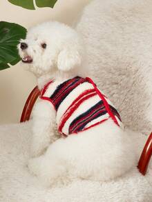 PETSIN 1件宠物猫狗通用时尚红蓝白印花双面弹力毛绒舒适保暖开襟纽扣无袖外套 - 彩色 - 查看 2