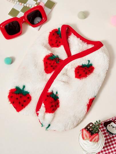 PETSIN 1 pieza Chaqueta sin mangas de perro o gato universal con estampado de fresa roja de doble cara, elástica, cómoda y cálida con botón abierto