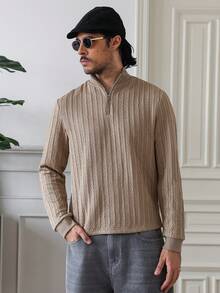 Manfinity Homme Men's Casual Solid Color Long Sleeve Polo Shirt, Versatile For Winter Mock Neck Old Money - Khaki - View 7