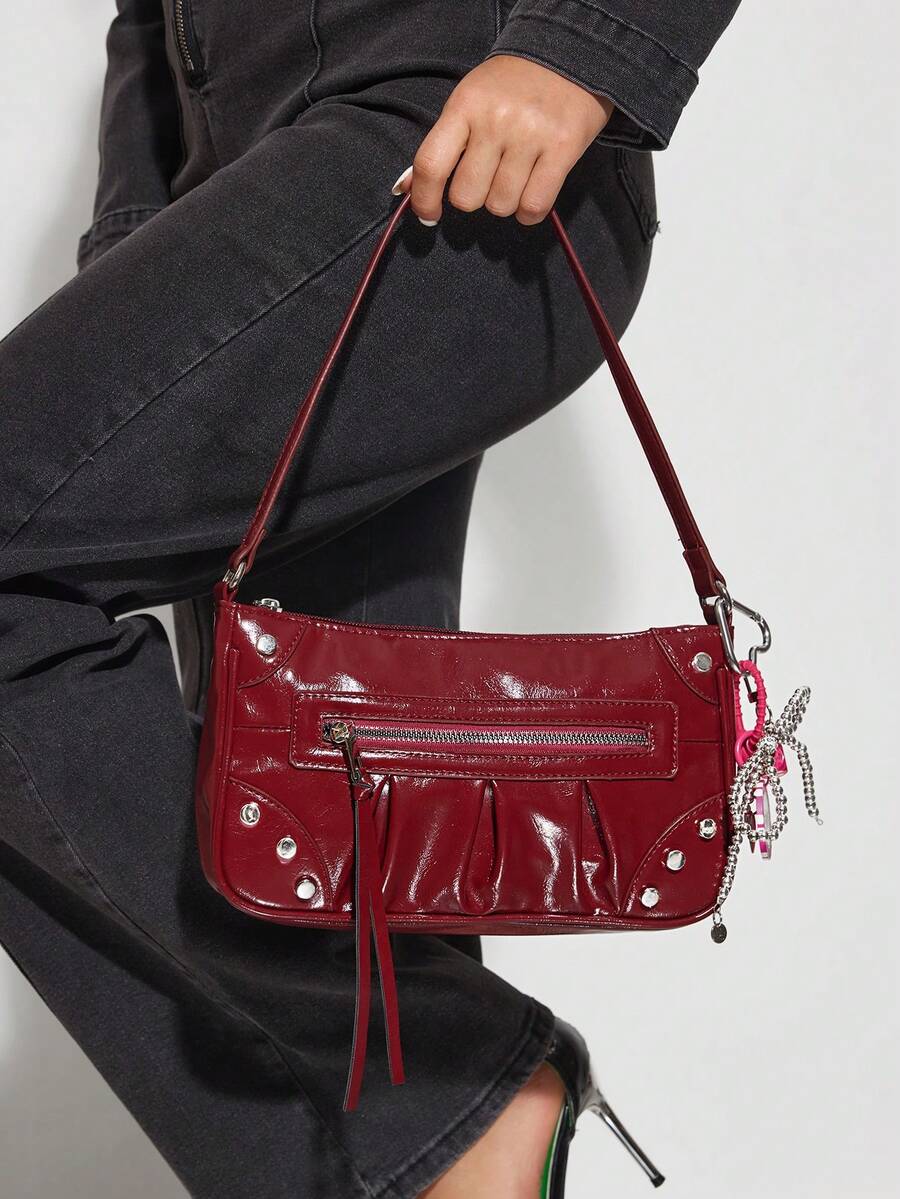 SHECARRY Ladies, Women Shoulder Bag, Hobo Bag, Motorcycle Style, Fashionable, Personalized, Simple, Versatile, Street, Sweet And Cool Girls, Hot Girls, Y2k, Retro, Rivets, Vintage, Teenagers(Includes Bag Charm) - Burgundy - View 1