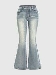 ROMWE Grunge Punk プラスサイズ レディース カジュアル パンク 刺繍 フレア ハイストレッチ ジーンズ