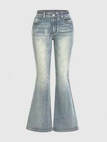 ROMWE Grunge Punk Quần jeans ống loe thêu họa tiết Punk cỡ lớn co giãn thường ngày cho nữ - Rửa nhẹ - Xem 1