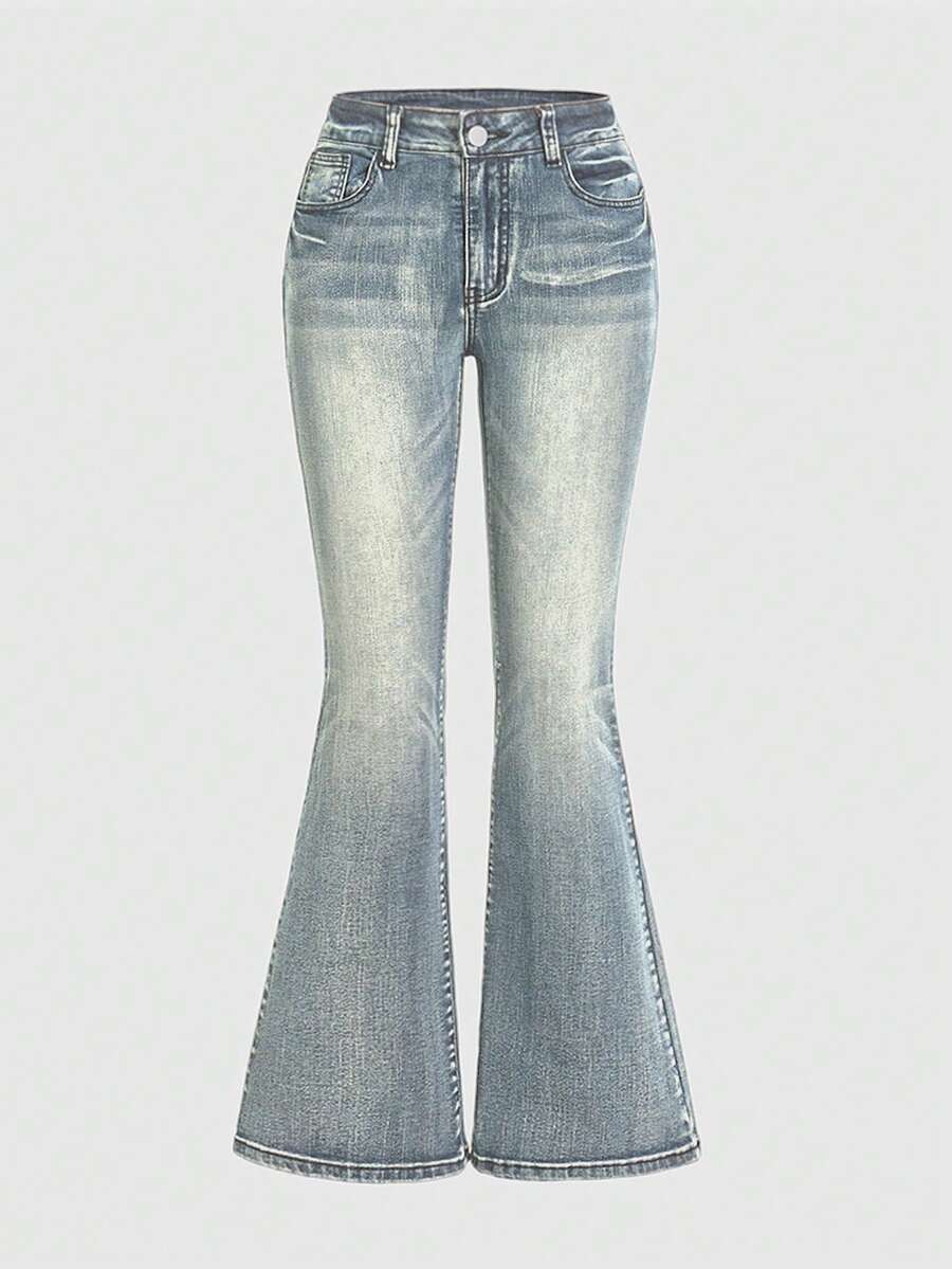 ROMWE Grunge Punk Quần jeans ống loe thêu họa tiết Punk cỡ lớn co giãn thường ngày cho nữ - Rửa nhẹ - Xem 1