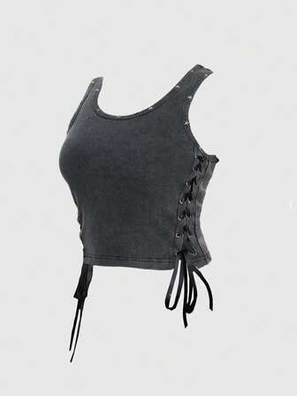 Grunge Punk Street-Style Faded Rivet Star Tie-Up Sexy Cutout Bow-Tie Sleeveless V-Neck Tank Top, Black & Grey