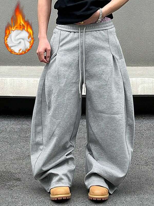 Manfinity EMRG Men's Grey Sweatpants, Loose Fit Thermal Lined Casual Sweatpants, American Streetwear Style Wide Leg Sweatpants Men Oversized Pants Baggy Pants Y2k Oversized Sweatpants Grey Baggy Sweatpants