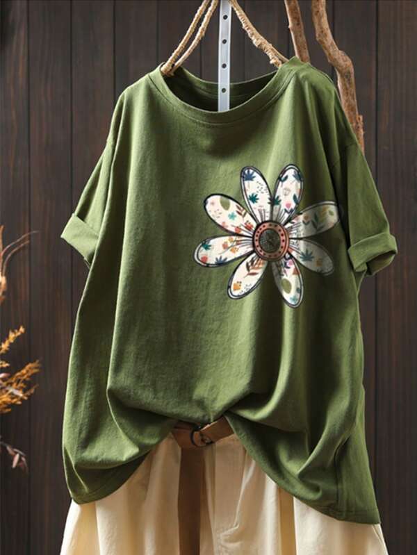 EMERY ROSE تيشيرت كاجوال قصير الأكمام للنساء، تيشيرت رقبة دائرية بسيط وعملي للنساء ذوات الحجم الكبير، تيشيرت أكمام قصيرة، تيشيرت للخارج، تيشيرت بطبعة زهور جميلة، مناسب للتسوق والرياضة، مريح وكاجوال، طبعة زهور، أخضر