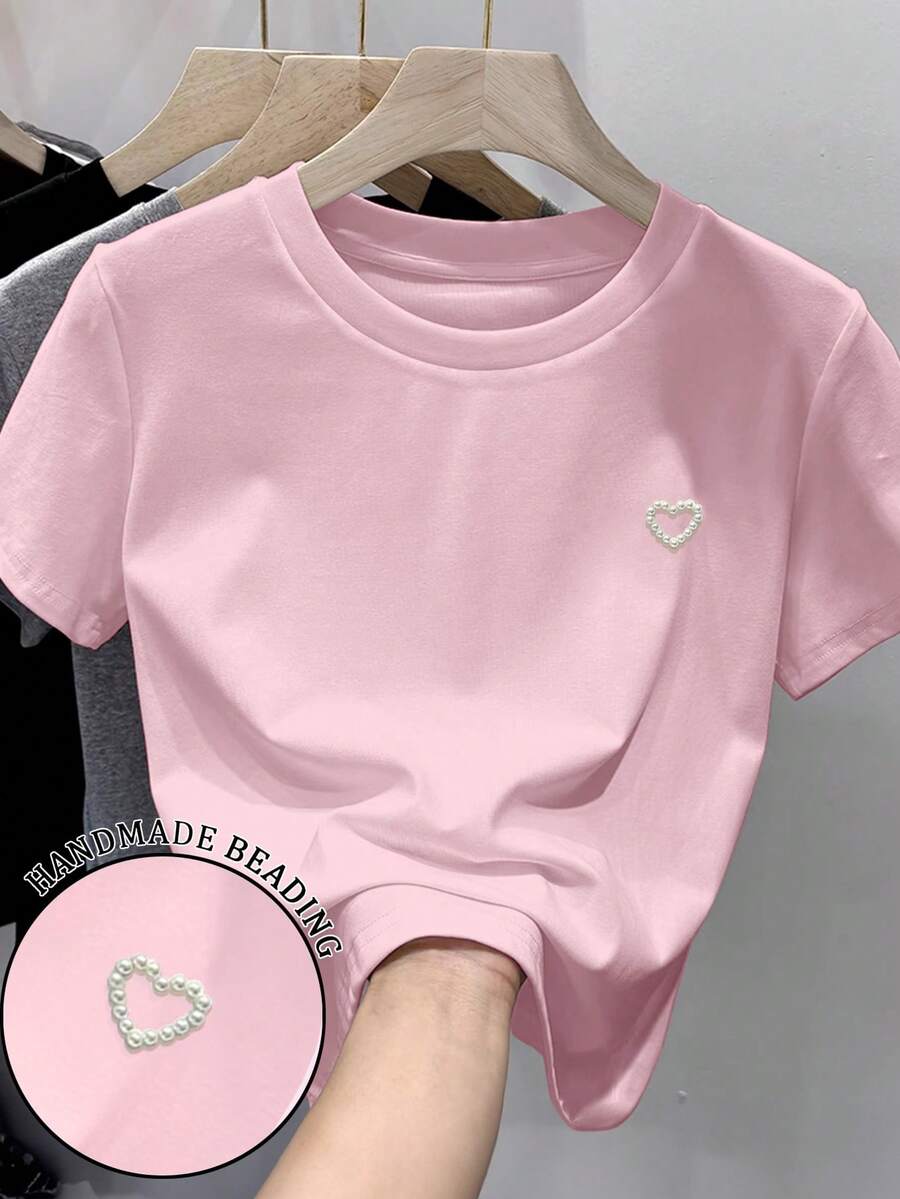 SHEIN 女式休闲日常通勤仿珍珠手工心形图案短袖 T 恤,夏季 - 粉色 - 查看 1