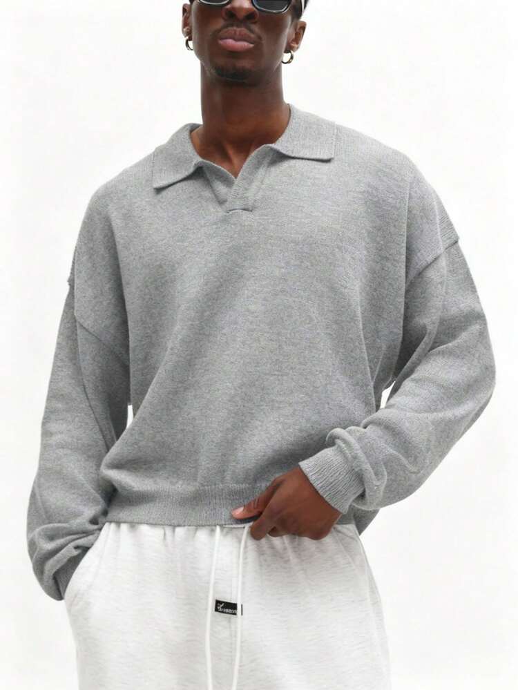 Collared Knit Pullover Sweater With Long Sleeves