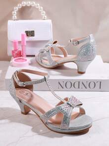 Mini mi Sandalias con tira en T, tacón y purpurina plateada con lazo de strass para niñas con estilo de fiesta y vacaciones #PrincessVibe - Multicolor - Ver 1